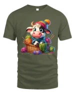 Cute Knitting Cow Graphic Tee With Cozy Handmade Vibes - military green t-shirt on white background