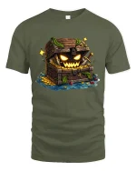 Spooky Treasure Chest Graphic Tee With Creepy Fantasy Art - military green t-shirt on white background