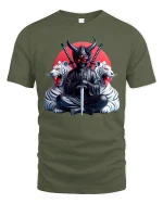 Demon Samurai Warrior Graphic Tee With Dark Japanese Art - military green t-shirt on white background