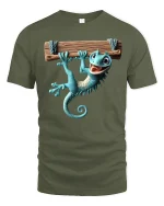 Funny Hanging Gecko Graphic Tee With Cute Cartoon Style - military green t-shirt on white background