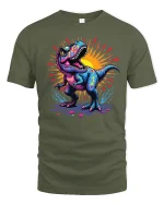 Colorful Roaring Dinosaur Graphic Tee With Neon Street Art - military green t-shirt on white background