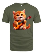 Cute Guitar Playing Kitten Graphic Tee With Happy Music Vibes - military green t-shirt on white background