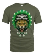 Aztec Jaguar Warrior Graphic Tee With Powerful Tribal Art - military green t-shirt on white background