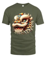 Colorful Chinese Lion Dance Graphic Tee With Festival Spirit - military green t-shirt on white background