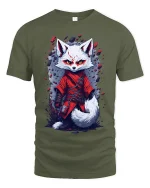 Fox Warrior Graphic Tee With Fierce Anime Style Art - military green t-shirt on white background