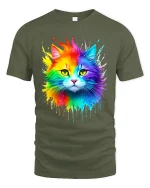 Rainbow Splash Cat Graphic Tee With Colorful Artistic Vibes - military green t-shirt on white background