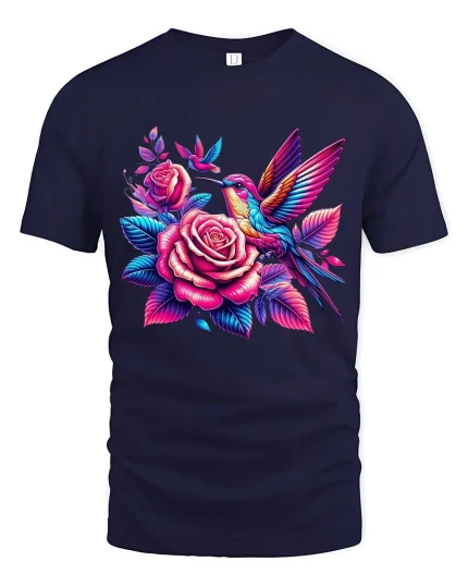 Colorful Hummingbird And Rose Graphic Tee With Floral Art - navy t-shirt on white background