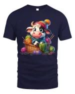 Cute Knitting Cow Graphic Tee With Cozy Handmade Vibes - navy t-shirt on white background