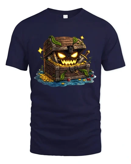 Spooky Treasure Chest Graphic Tee With Creepy Fantasy Art - navy t-shirt on white background