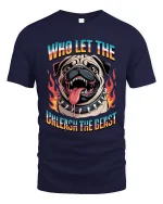 Who Let The Dog Unleash The Beast Funny Bulldog Graphic Tee - navy t-shirt on white background