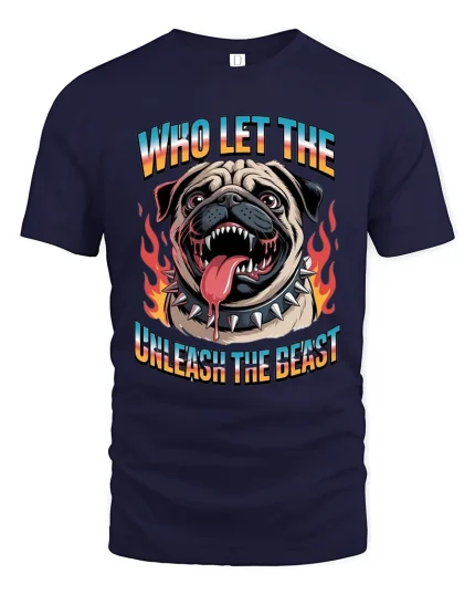 Who Let The Dog Unleash The Beast Funny Bulldog Graphic Tee - navy t-shirt on white background