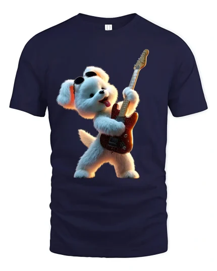 Rockstar Teddy Bear Guitar Graphic Tee With Fun Music Vibes - navy t-shirt on white background
