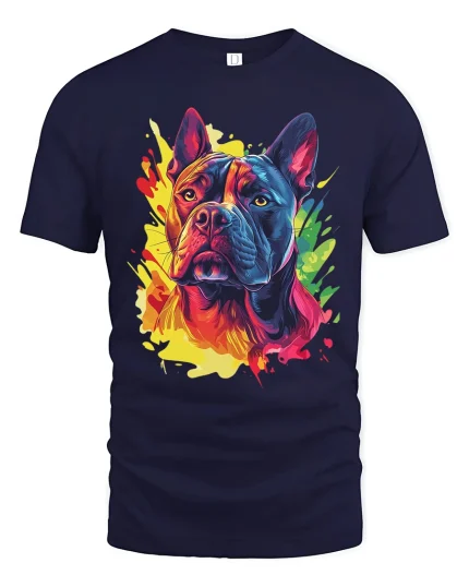 Colorful Bulldog Paint Splash Graphic Tee With Bold Art - navy t-shirt on white background