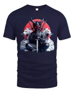 Demon Samurai Warrior Graphic Tee With Dark Japanese Art - navy t-shirt on white background
