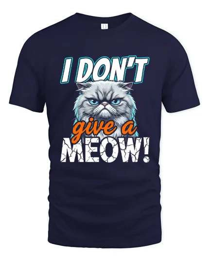 I Dont Give A Meow Funny Grumpy Cat Graphic Tee - navy t-shirt on white background