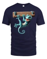 Funny Hanging Gecko Graphic Tee With Cute Cartoon Style - navy t-shirt on white background