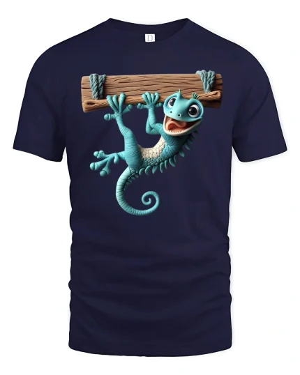 Funny Hanging Gecko Graphic Tee With Cute Cartoon Style - navy t-shirt on white background