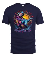 Colorful Roaring Dinosaur Graphic Tee With Neon Street Art - navy t-shirt on white background