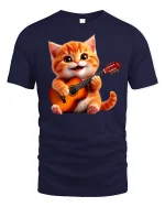 Cute Guitar Playing Kitten Graphic Tee With Happy Music Vibes - navy t-shirt on white background
