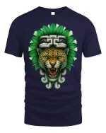 Aztec Jaguar Warrior Graphic Tee With Powerful Tribal Art - navy t-shirt on white background