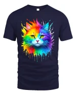 Rainbow Splash Cat Graphic Tee With Colorful Artistic Vibes - navy t-shirt on white background