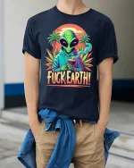 Alien Fuck Earth Graphic Tee With Retro Psychedelic Art - model wearing navy tee with hands in pockets
