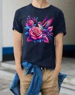 Colorful Hummingbird And Rose Graphic Tee With Floral Art - model wearing navy tee with hands in pockets