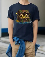 Spooky Treasure Chest Graphic Tee With Creepy Fantasy Art - model wearing navy tee with hands in pockets