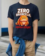Zero Braincells Maximum Attitude Funny Cat Graphic Tee - model wearing navy tee with hands in pockets