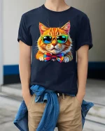 Cool Cat With Sunglasses Graphic Tee With Funny Stylish Vibe - model wearing navy tee with hands in pockets