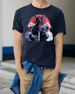 Demon Samurai Warrior Graphic Tee With Dark Japanese Art - model wearing navy tee with hands in pockets