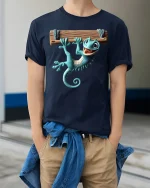 Funny Hanging Gecko Graphic Tee With Cute Cartoon Style - model wearing navy tee with hands in pockets
