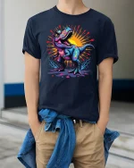 Colorful Roaring Dinosaur Graphic Tee With Neon Street Art - model wearing navy tee with hands in pockets