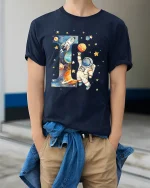 Astronaut Letter I Space Graphic Tee With Cute Cosmic Art - model wearing navy tee with hands in pockets