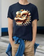 Colorful Chinese Lion Dance Graphic Tee With Festival Spirit - model wearing navy tee with hands in pockets