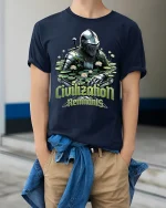 Civilization Remnants Knight Graphic Tee With Post Apocalyptic Art - model wearing navy tee with hands in pockets