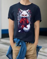 Fox Warrior Graphic Tee With Fierce Anime Style Art - model wearing navy tee with hands in pockets
