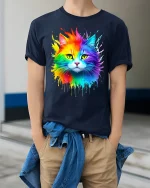 Rainbow Splash Cat Graphic Tee With Colorful Artistic Vibes - model wearing navy tee with hands in pockets