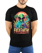 Alien Fuck Earth Graphic Tee With Retro Psychedelic Art - model wearing black tee with hands behind back