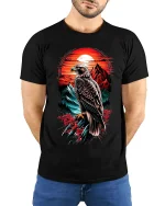 Majestic Eagle Sunset Graphic Tee With Powerful Nature Art - model wearing black tee with hands behind back