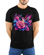 Colorful Hummingbird And Rose Graphic Tee With Floral Art - model wearing black tee with hands behind back