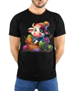 Cute Knitting Cow Graphic Tee With Cozy Handmade Vibes - model wearing black tee with hands behind back