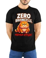 Zero Braincells Maximum Attitude Funny Cat Graphic Tee - model wearing black tee with hands behind back