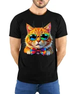 Cool Cat With Sunglasses Graphic Tee With Funny Stylish Vibe - model wearing black tee with hands behind back