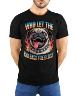 Who Let The Dog Unleash The Beast Funny Bulldog Graphic Tee - model wearing black tee with hands behind back
