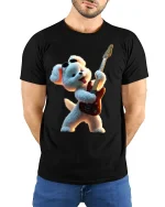 Rockstar Teddy Bear Guitar Graphic Tee With Fun Music Vibes - model wearing black tee with hands behind back