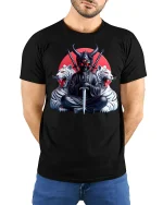 Demon Samurai Warrior Graphic Tee With Dark Japanese Art - model wearing black tee with hands behind back