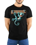 Funny Hanging Gecko Graphic Tee With Cute Cartoon Style - model wearing black tee with hands behind back