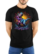 Colorful Roaring Dinosaur Graphic Tee With Neon Street Art - model wearing black tee with hands behind back