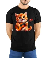 Cute Guitar Playing Kitten Graphic Tee With Happy Music Vibes - model wearing black tee with hands behind back